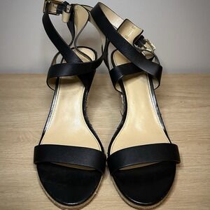 Michael Kors Black Leather Kaylee Wedge Sandals Resort Wear Vacation Core Style‎